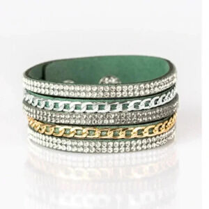 NWT Silver Gold Chain Rhinestone Green Suede Urban Wrap Snap Unisex Brac…